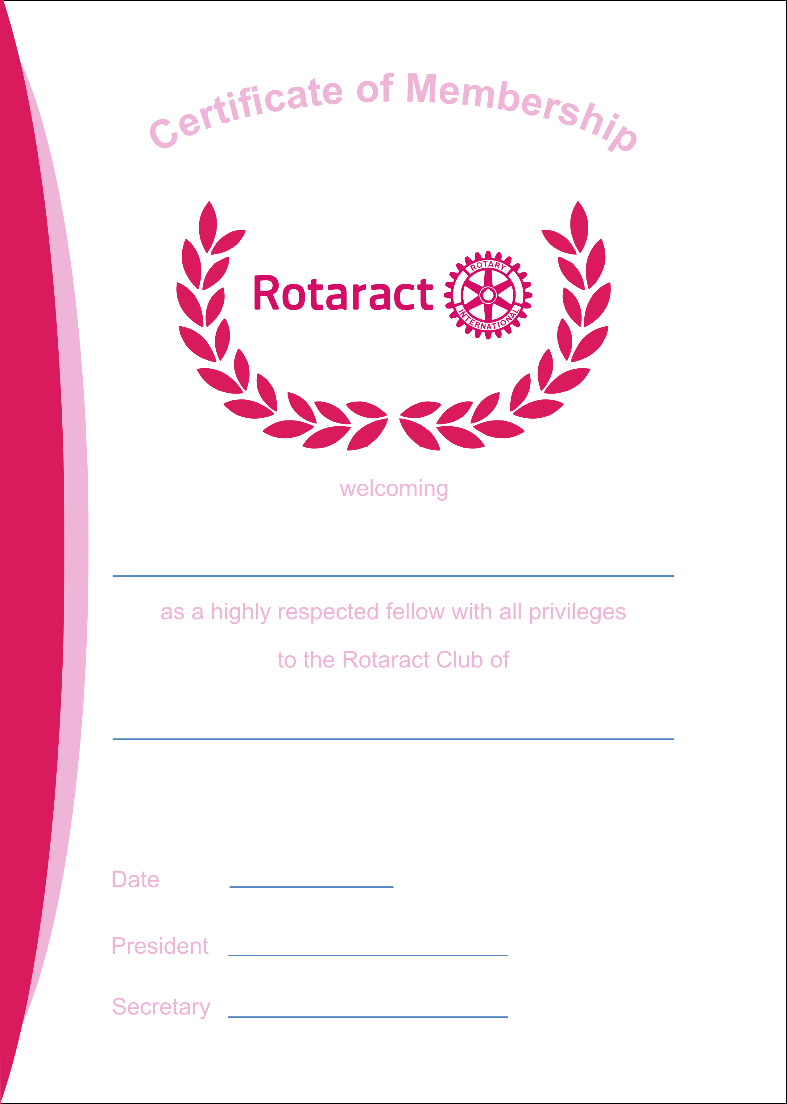 Rotaract membership certificate in leather presentation folder 